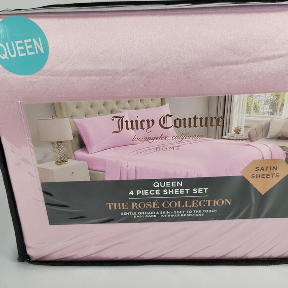 Juicy Couture Pastel Pink Satin 4pc QUEEN Sheets Set Easy Care Sleek Smooth Soft - Picture 3 of 13